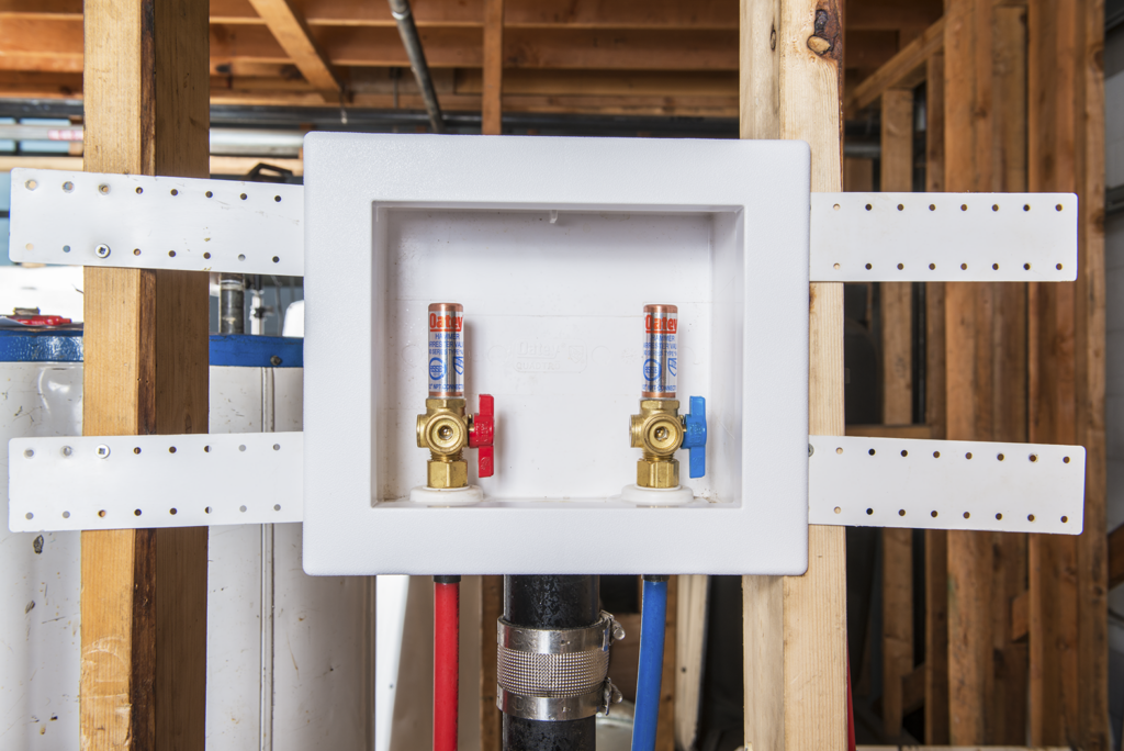 laundry box with supply hose bibbs and 2" drain